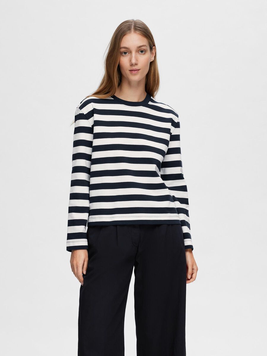 Long Sleeve Navy & White T-Shirt