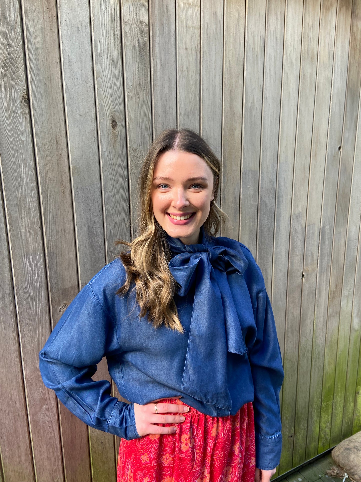 Chambray Denim Shirt with Bow