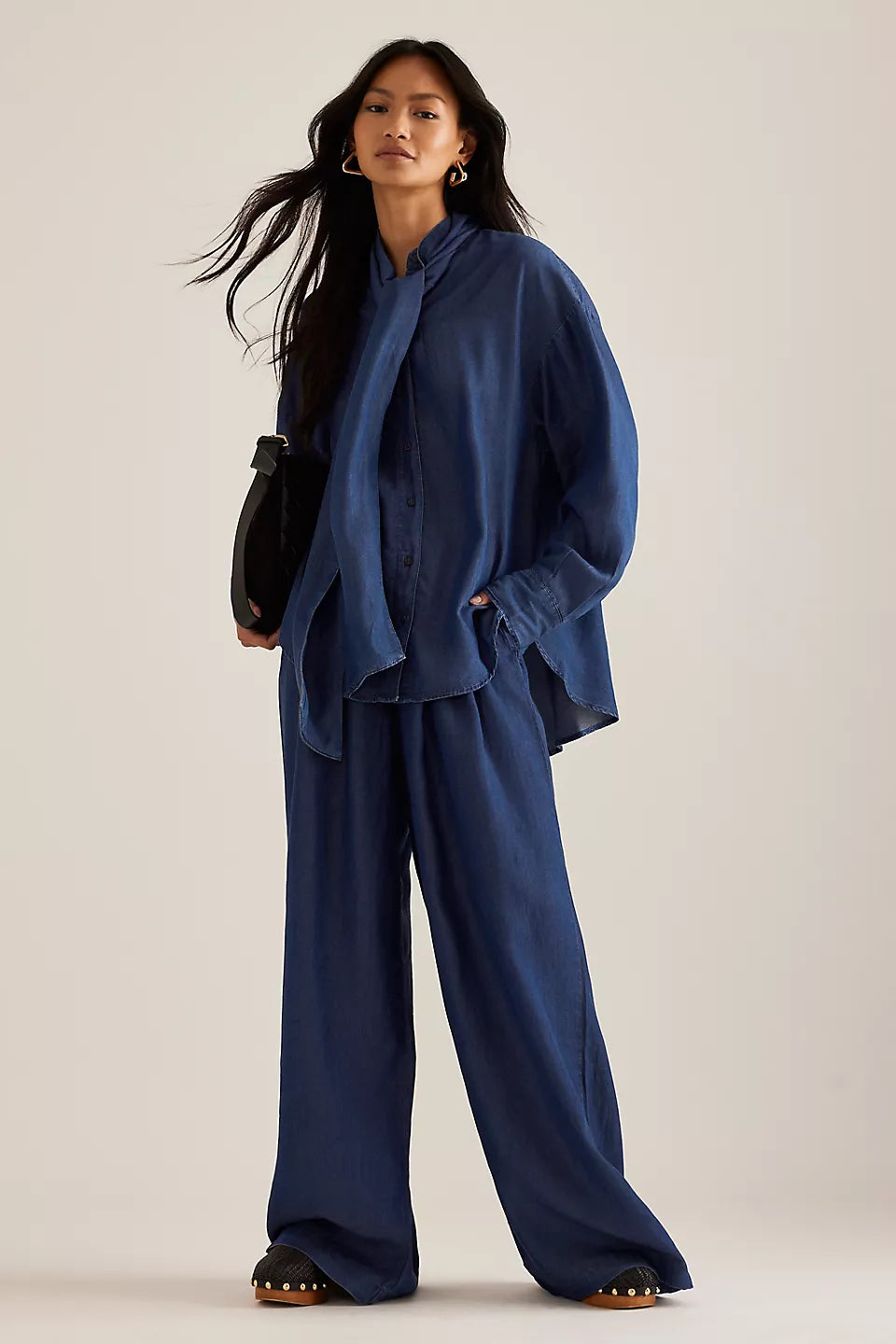 Chambray Denim Shirt with Bow