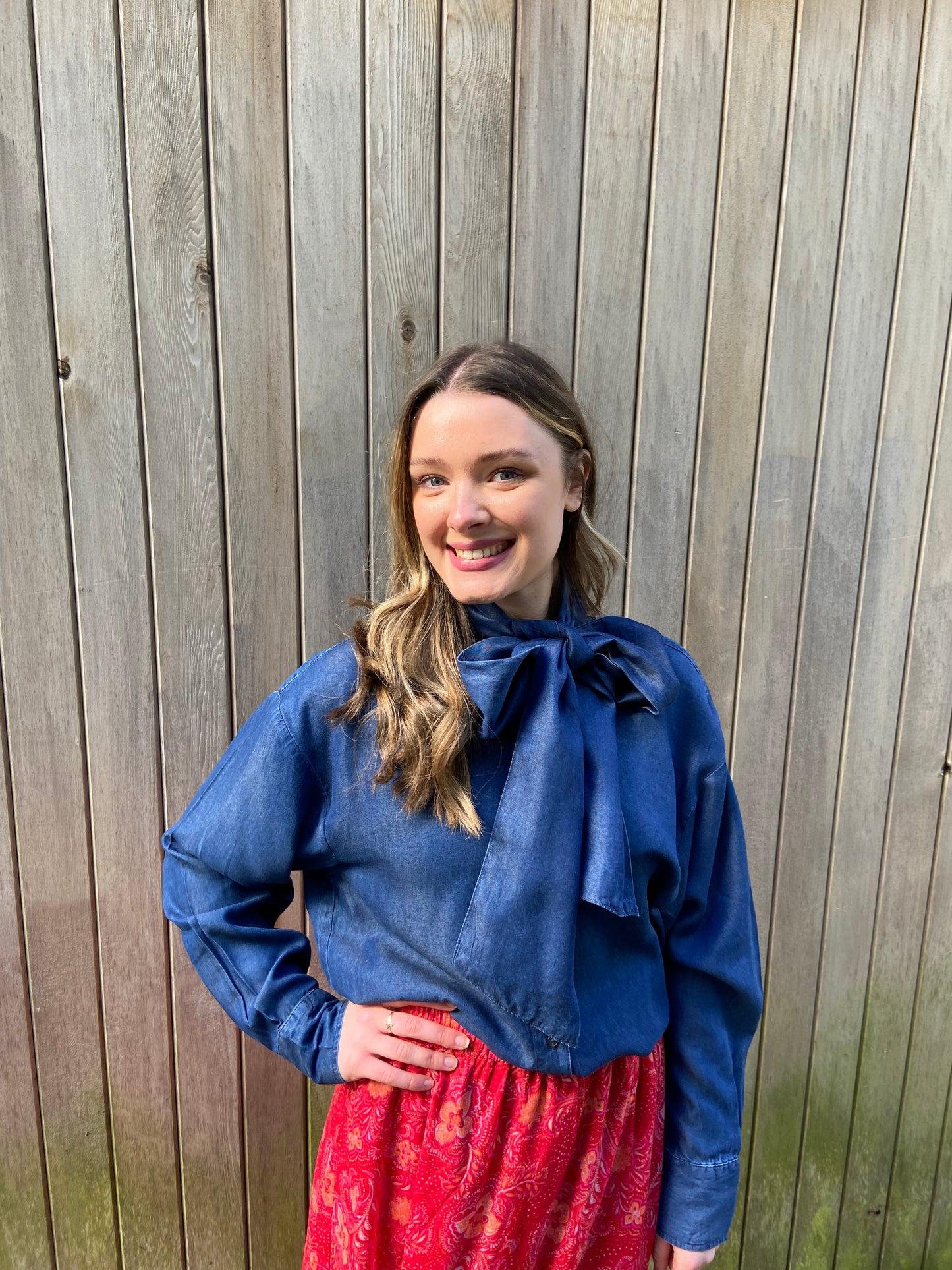 Chambray Denim Shirt with Bow