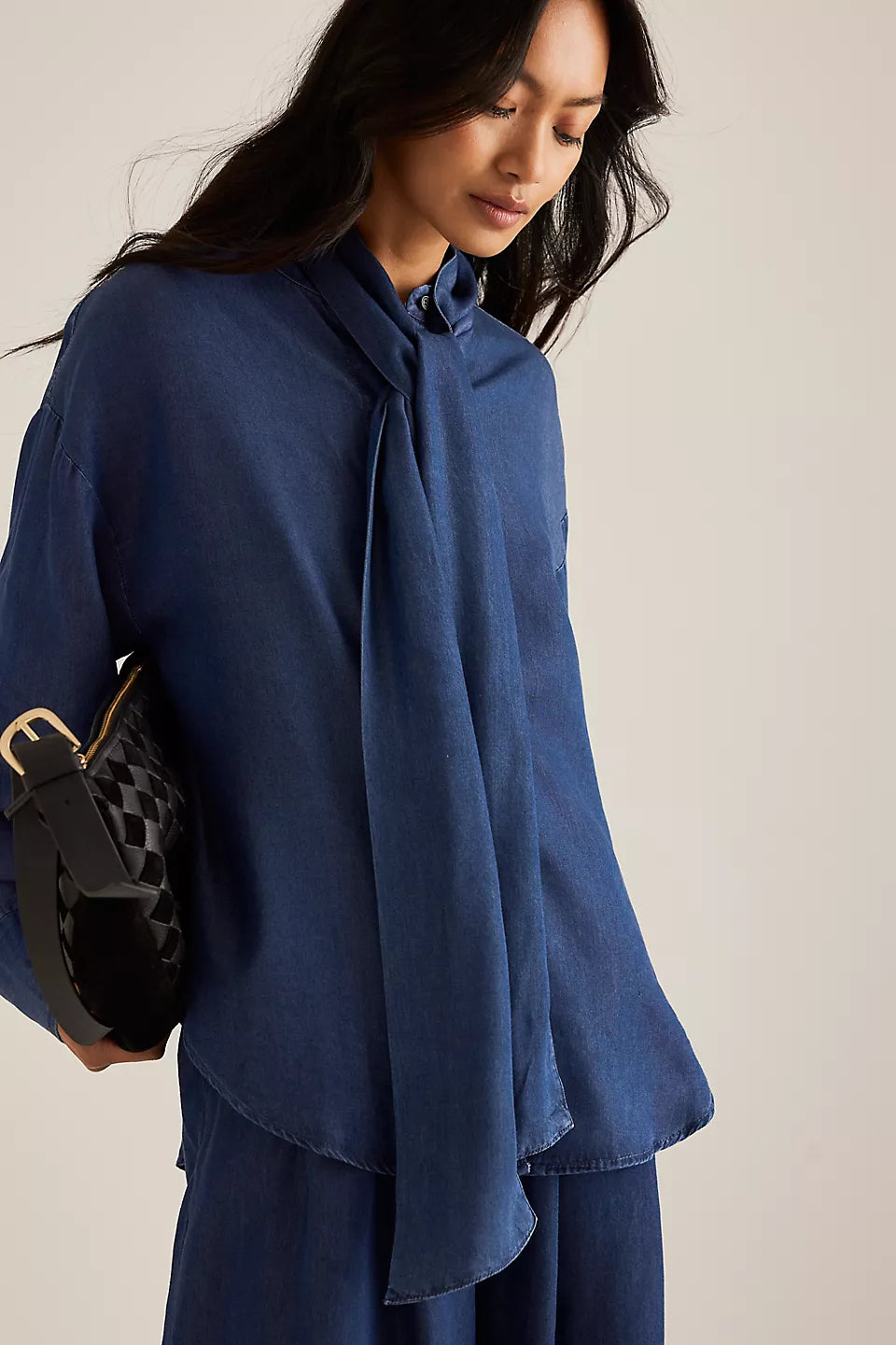 Chambray Denim Shirt with Bow