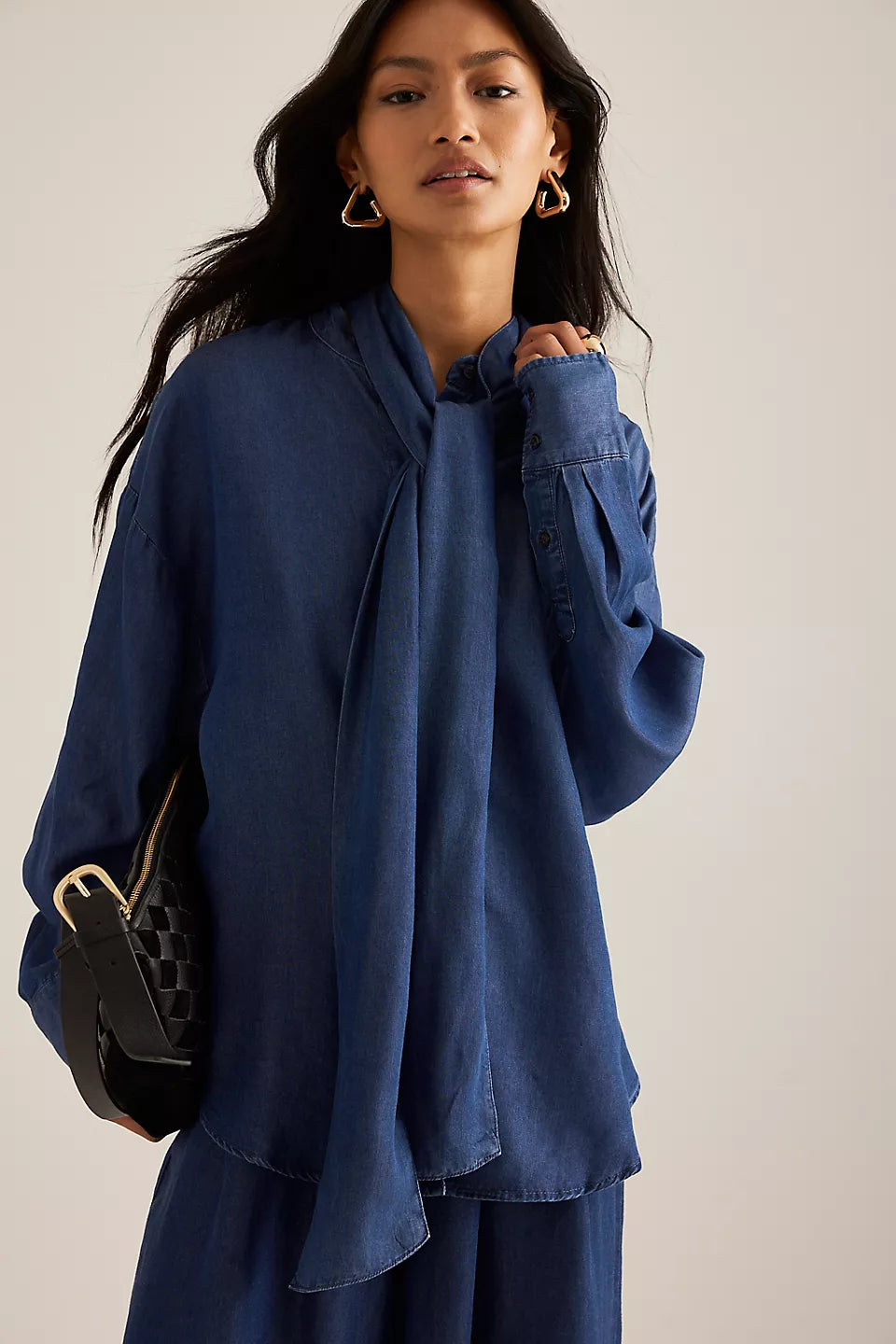 Chambray Denim Shirt with Bow