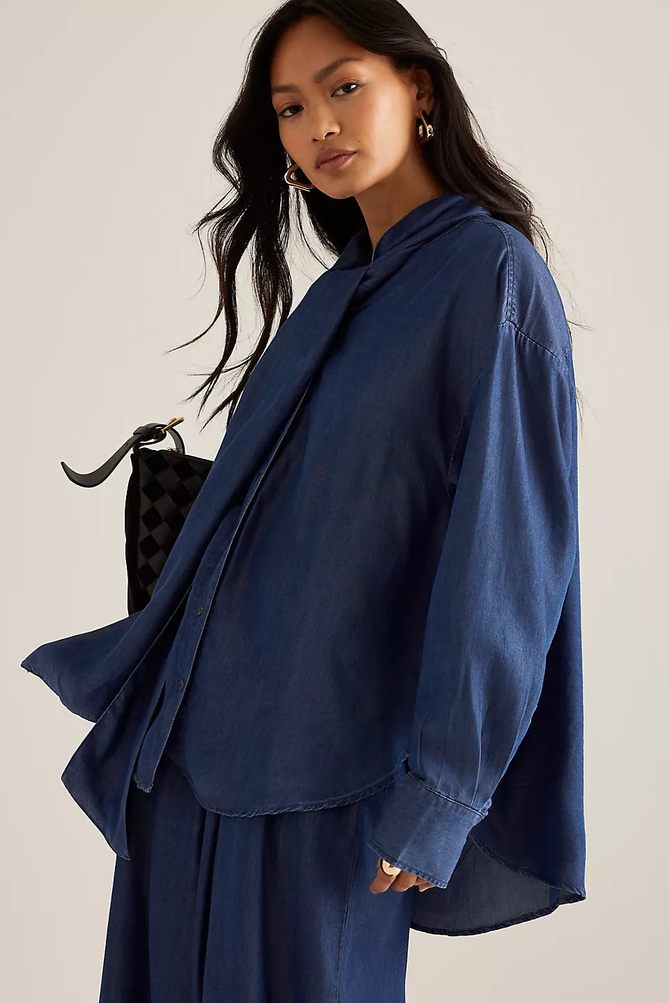 Chambray Denim Shirt with Bow