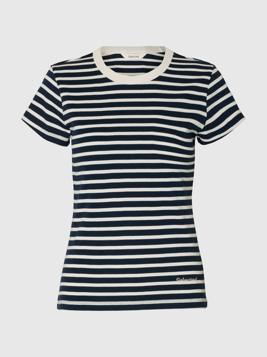 100% COTTON navy & white fitted t-shirt