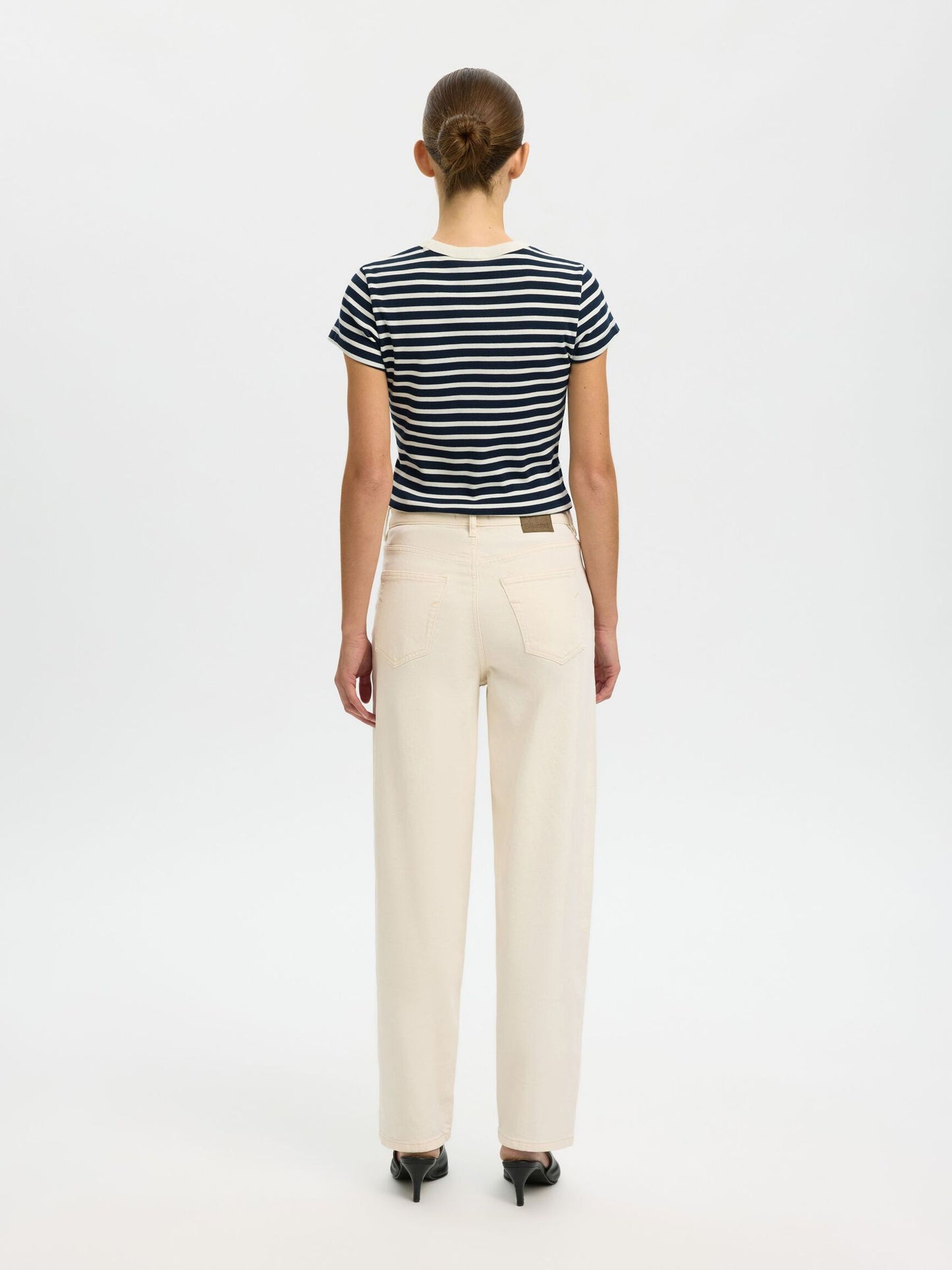 100% COTTON navy & white fitted t-shirt