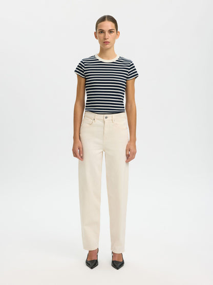 100% COTTON navy & white fitted t-shirt