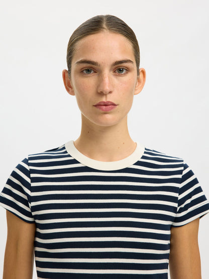 100% COTTON navy & white fitted t-shirt