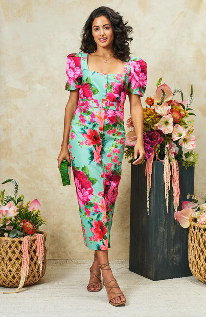 The Rowena Puff Sleeve Sweetheart Neckline Pencil Dress by Hope & Ivy
