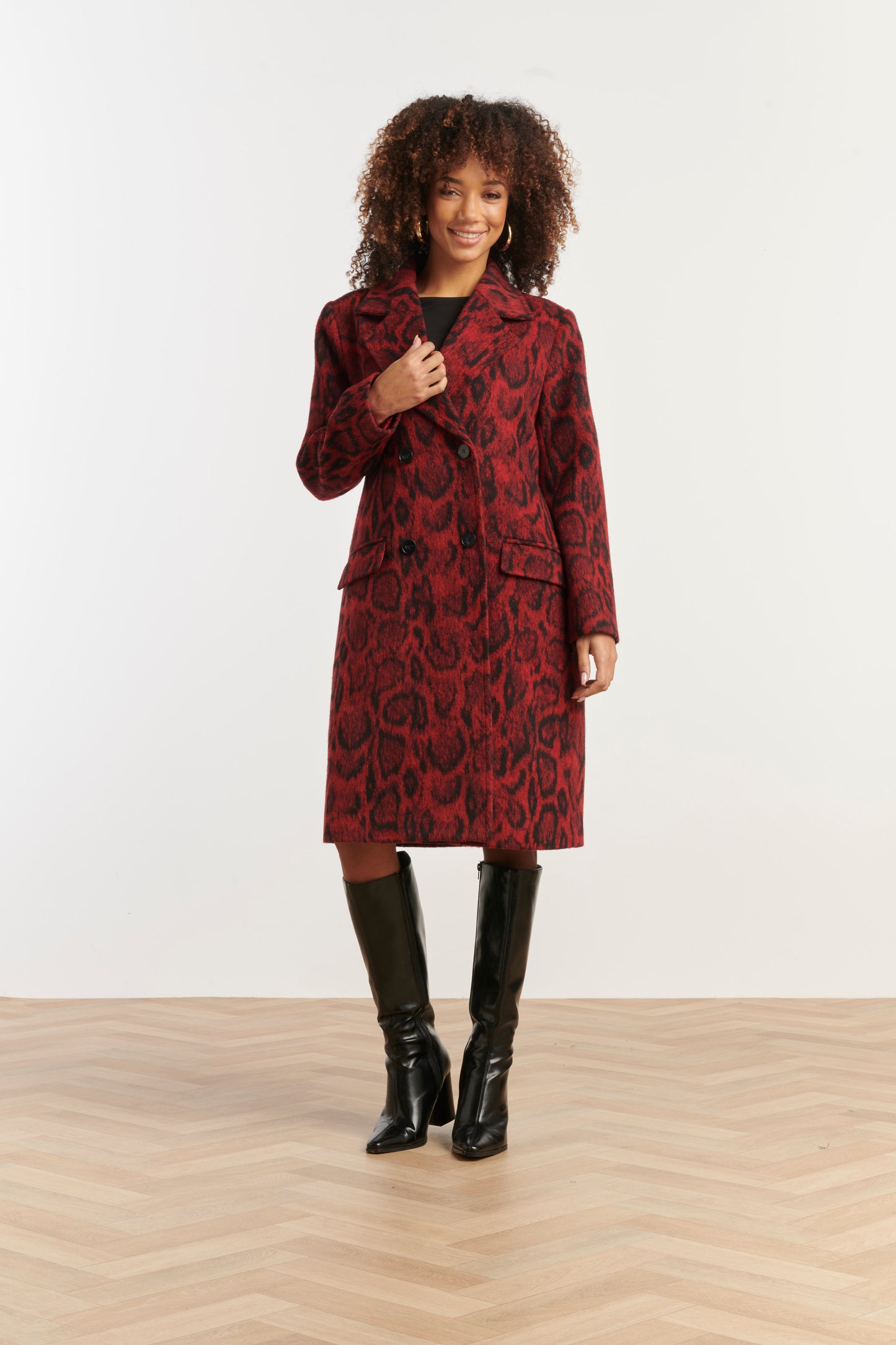 Red animal print coat