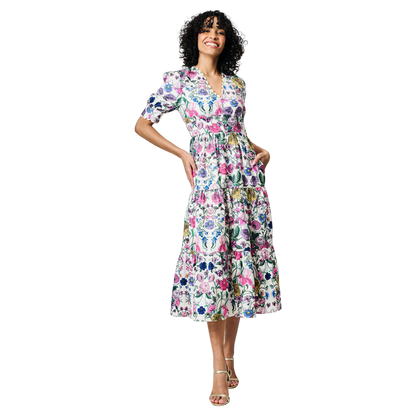The Sonnet V-neck Full Skirt Tea Dress With Puff Sleeves by Hope & Ivy
