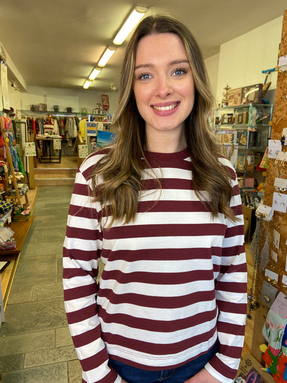 Long sleeve burgundy and white stripe top