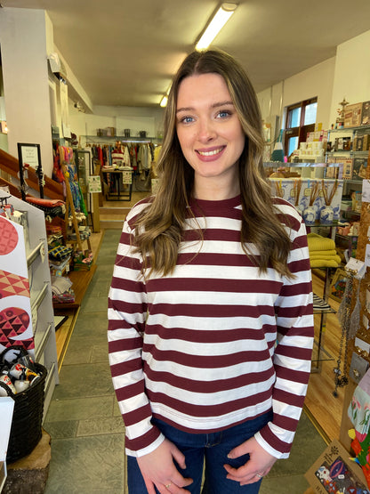 Long sleeve burgundy and white stripe top