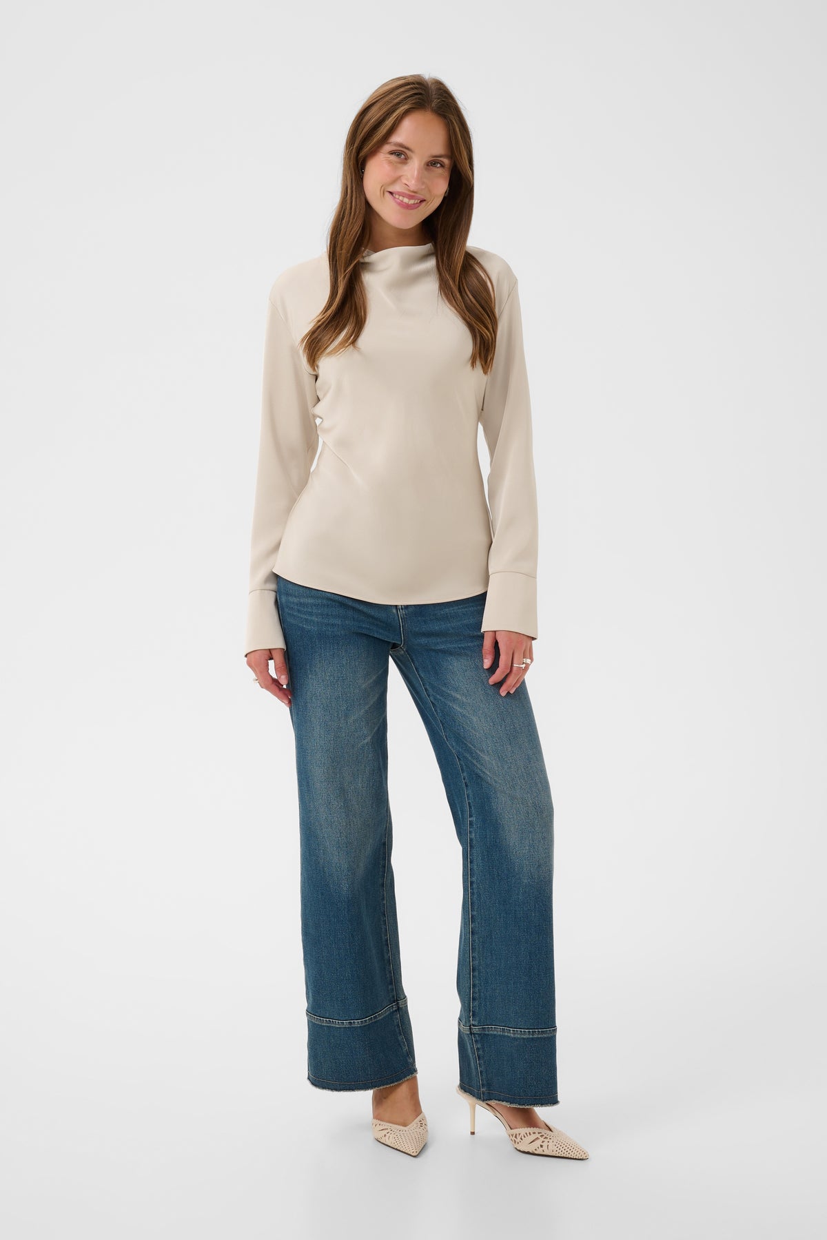 Long sleeve cream satin blouse