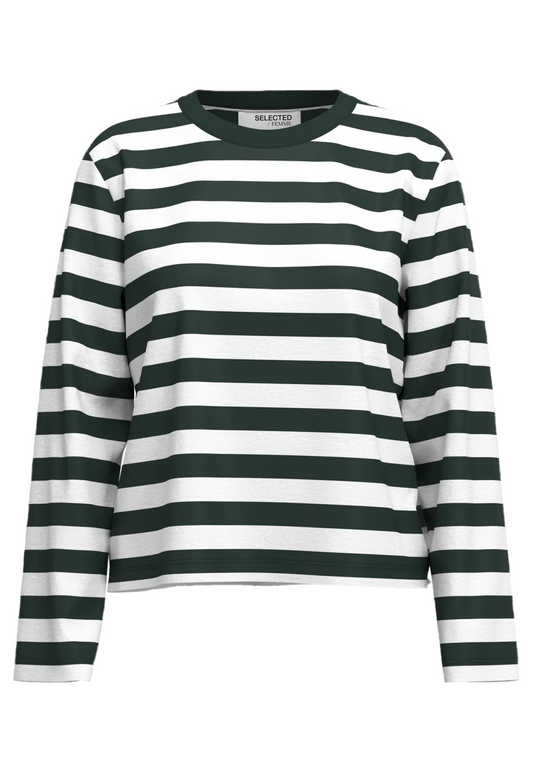 Long sleeve dark green and white stripe top