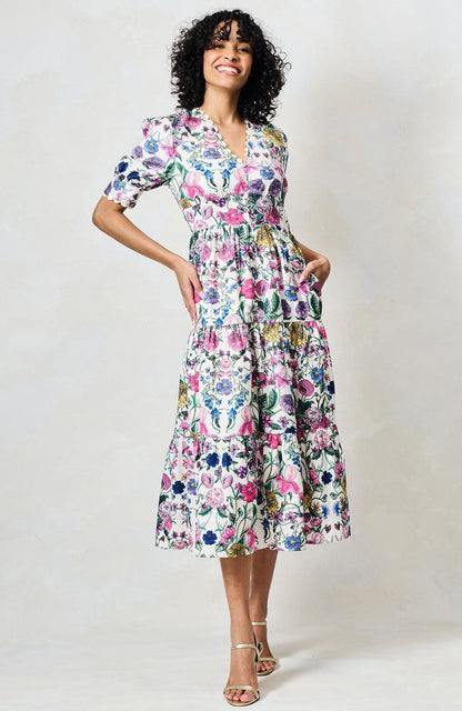 The Sonnet V-neck Full Skirt Tea Dress With Puff Sleeves by Hope & Ivy