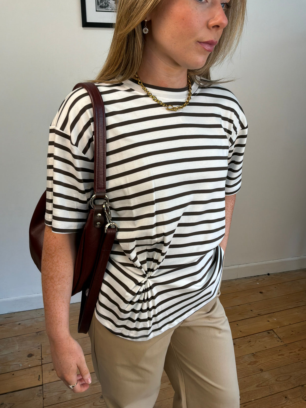 Brown & white stripe cotton t-shirt