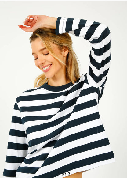 Long sleeve dark green and white stripe top