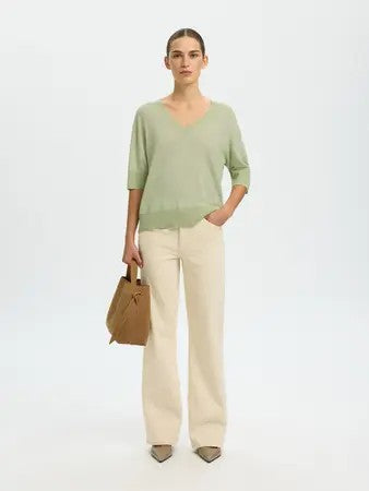 Green fine knit short sleeve top