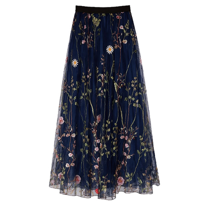Navy embroidered tulle skirt