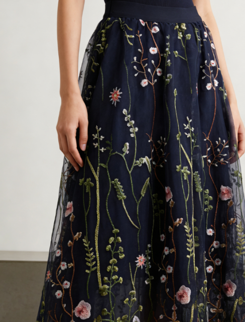 Navy embroidered tulle skirt