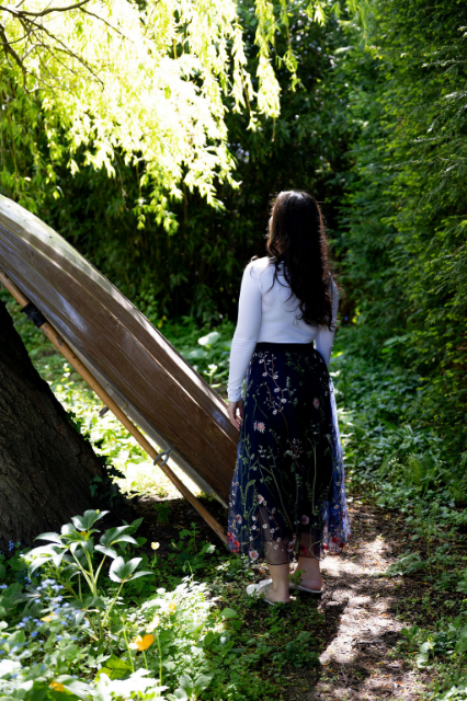 Navy embroidered tulle skirt