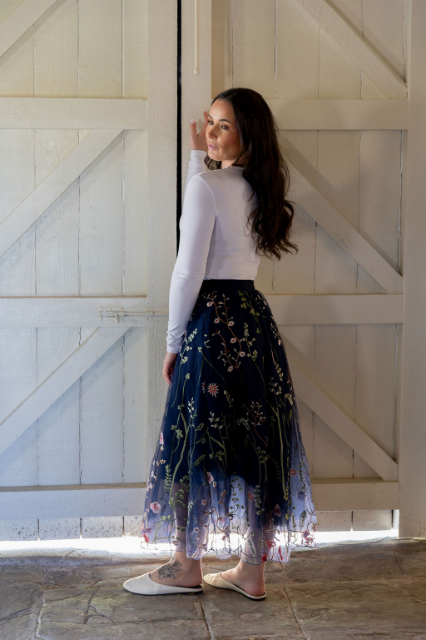 Navy embroidered tulle skirt