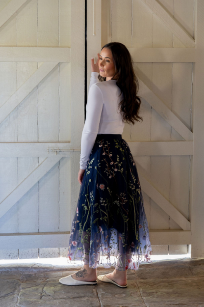 Navy embroidered tulle skirt