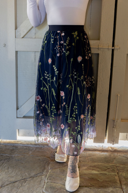 Navy embroidered tulle skirt