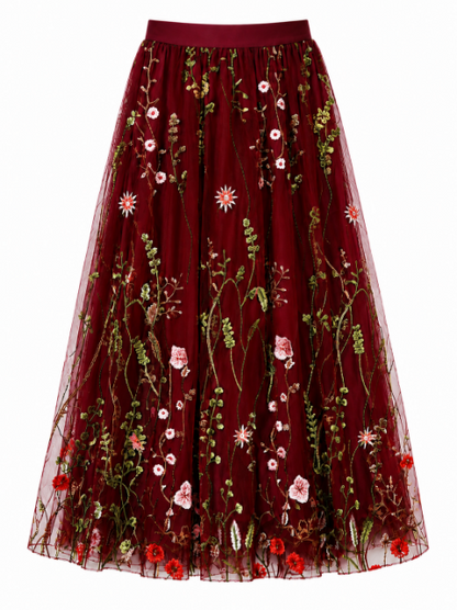 Dark red embroidered tulle skirt