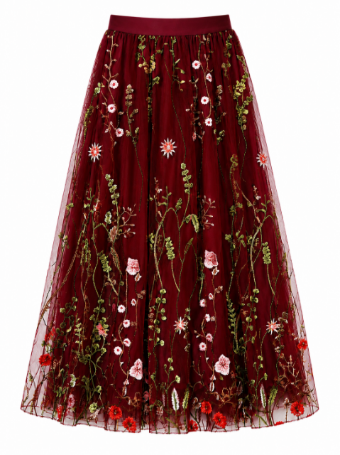 Dark red embroidered tulle skirt