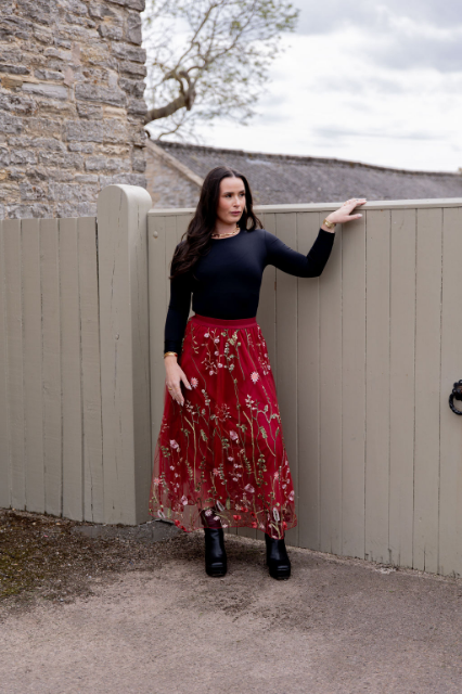 Dark red embroidered tulle skirt