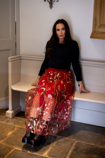 Dark red embroidered tulle skirt