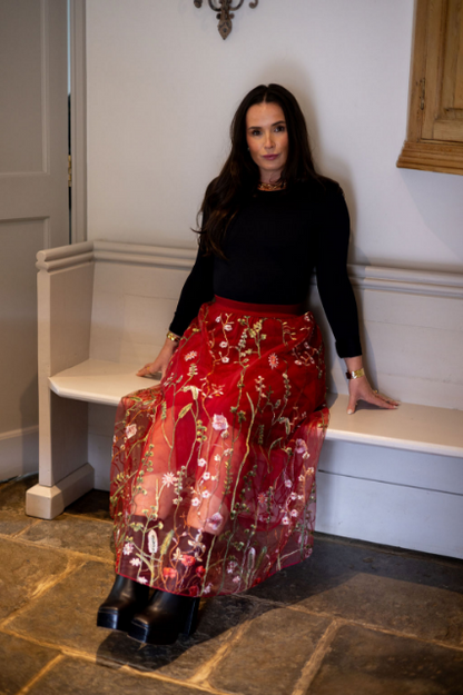 Dark red embroidered tulle skirt