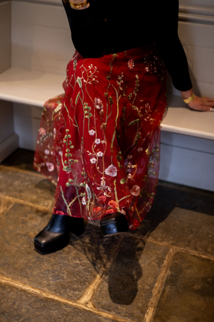 Dark red embroidered tulle skirt
