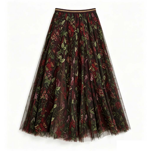 Burgundy and green floral tulle skirt