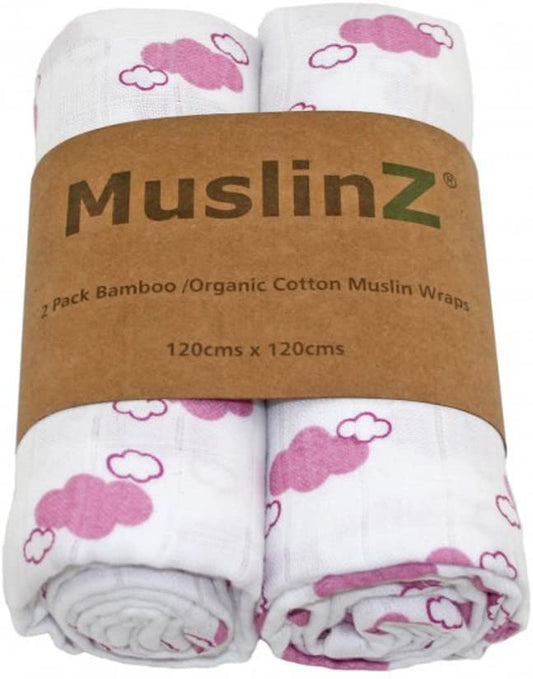 Pink Cloud 2 Pack Bamboo/Organic Cotton Muslin Swaddles 120x120cm